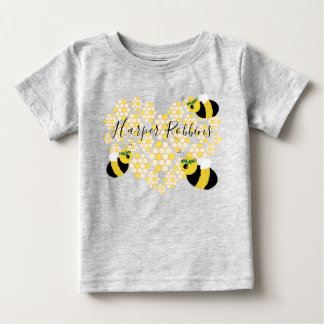 かわいいイエローハニカムハートハニービーベビーギフト ベビーTシャツ