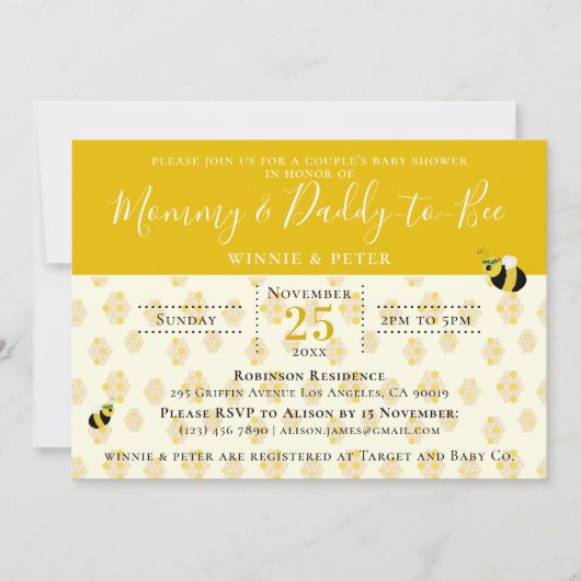 かわいいイエローハニカムビーカップルの赤ちゃんシャワー 招待状 (正面)