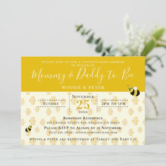 かわいいイエローハニカムビーカップルの赤ちゃんシャワー 招待状 (スタンド正面)