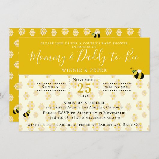 かわいいイエローハニカムビーカップルの赤ちゃんシャワー 招待状 (正面/裏面)