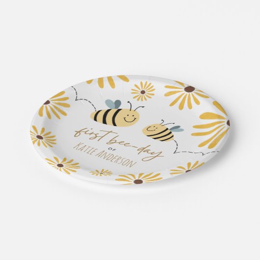 かわいいイエロービーとひまわり初のミツバチの日 ペーパープレート (アングル)