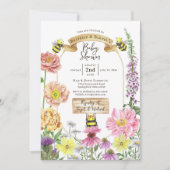 かわいいイエロービーとワイルドフラワーのコードベビーシャワー 招待状 (正面)