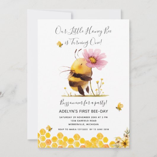 かわいいイエロービーデイジーが一誕生日 招待状 (正面)