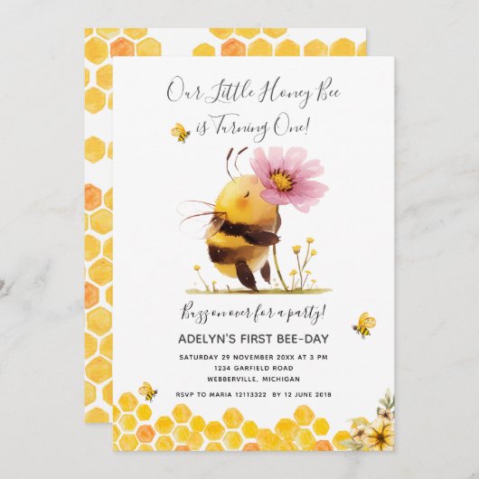 かわいいイエロービーデイジーが一誕生日 招待状 (正面/裏面)