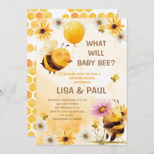 かわいいイエロービーデイジージェンダーリビール招待状 招待状 (正面/裏面)