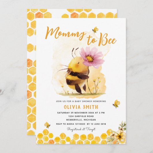 かわいいイエロービーデイジーママへビーベイビーシャワー 招待状 (正面/裏面)