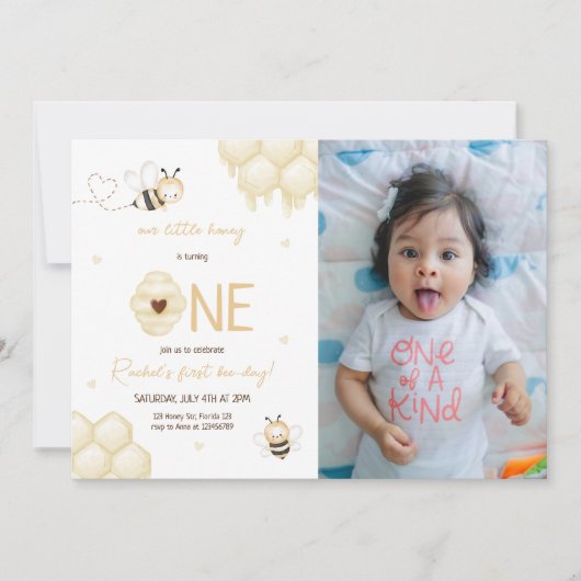 かわいいイエロービーハニー最初のミツバチの日の写真 招待状 (正面)