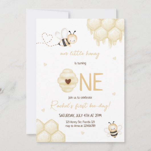 かわいいイエロービーハニー最初のミツバチの日 招待状 (正面)