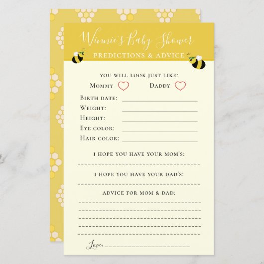 かわいいイエロービーベイビーシャワーアドバイスと予測 (正面/裏面)