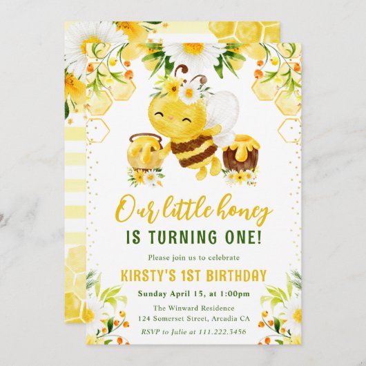 かわいいイエローフローラハニービー1st誕生日 招待状 (正面/裏面)