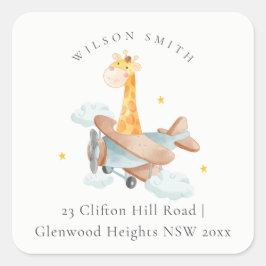 かわいいイエロー飛行機キリン雲スターズスカイアドレス スクエアシール