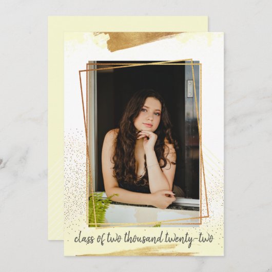 かわいいイエロー&金ゴールド額卒業招待状 招待状 (正面/裏面)