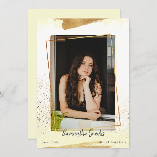 かわいいイエロー&金ゴールド額卒業発表 招待状 (正面/裏面)