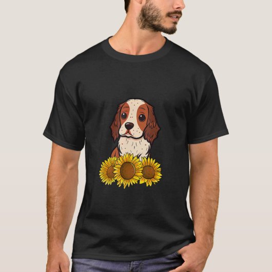 かわいいイギリスのセッター犬ひまわりグラフィックWOME Tシャツ (正面)