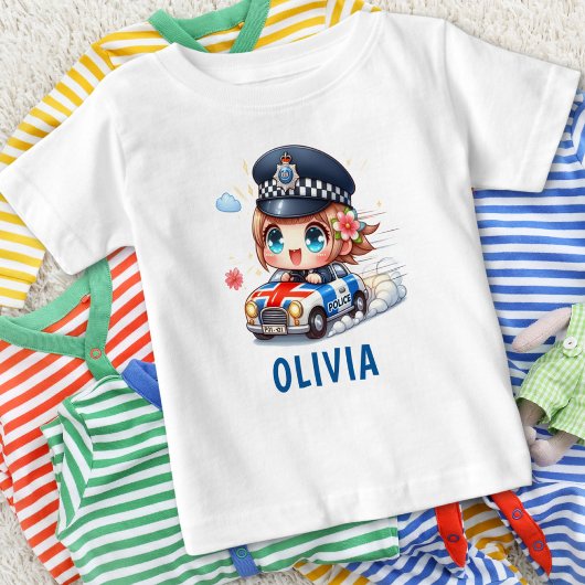 かわいいイギリス警察の女の子が警察車を運転 ベビーTシャツ