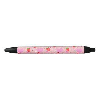 かわいいイチゴとハートのシームレスパターン 黒ボールペン