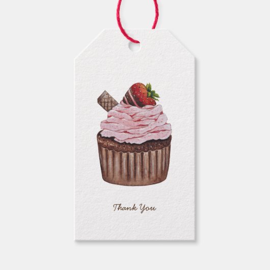 かわいいイチゴのカップケーキの水色 ギフトタグ (正面)