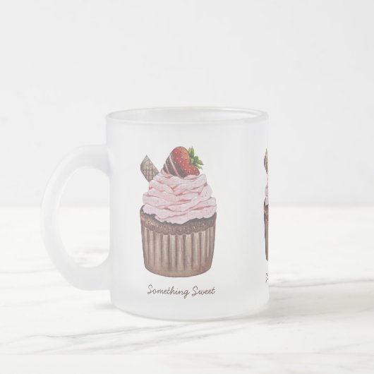 かわいいイチゴのカップケーキの水色 フロストグラスマグカップ (左)