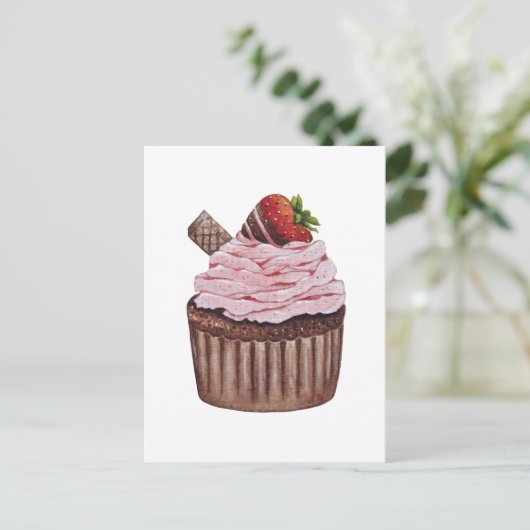 かわいいイチゴのカップケーキの水色 ポストカード (スタンド正面)