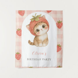 かわいいイチゴのネコの誕生日 タペストリー