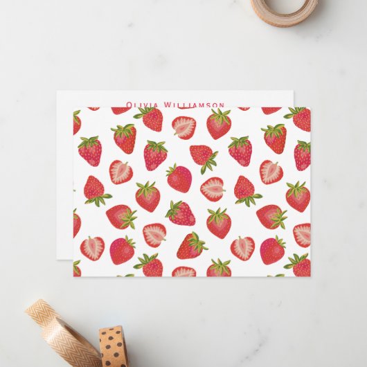 かわいいイチゴのパタパーソナライズされたーン ノートカード (正面/裏面インサイチュ)