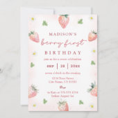 かわいいイチゴのベリーの最初の誕生日 招待状 (正面)