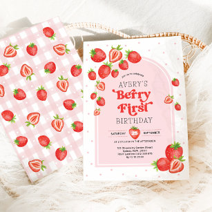 かわいいイチゴのベリーの最初の誕生日 招待状