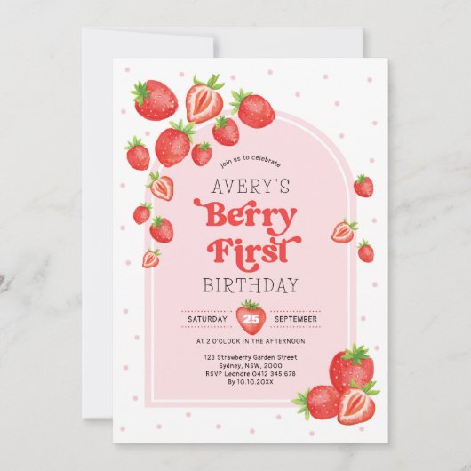 かわいいイチゴのベリーの最初の誕生日 招待状 (正面)