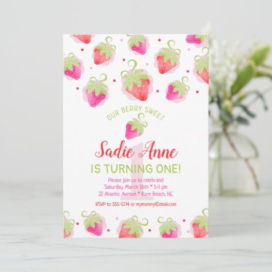 かわいいイチゴのベリースイートレッド&ピンク誕生日 招待状 (スタンド正面)