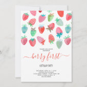 かわいいイチゴの女の子ベリーの最初の誕生日パーティー 招待状 (正面)