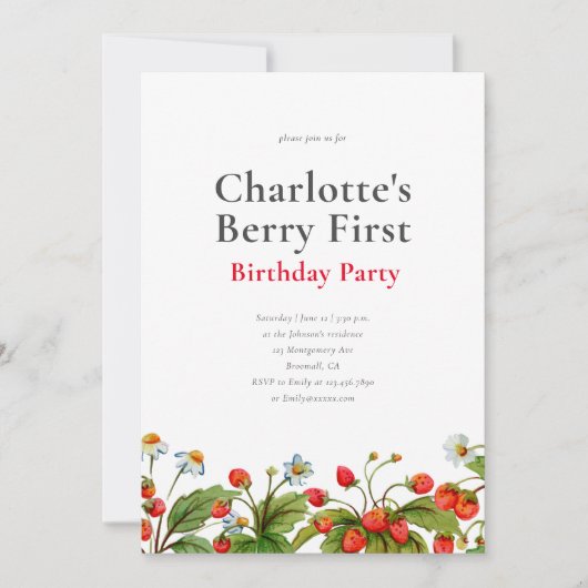 かわいいイチゴの最初の誕生日パーティーの招待状 招待状 (正面)