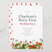 かわいいイチゴの最初の誕生日パーティーの招待状 招待状 (正面/裏面)