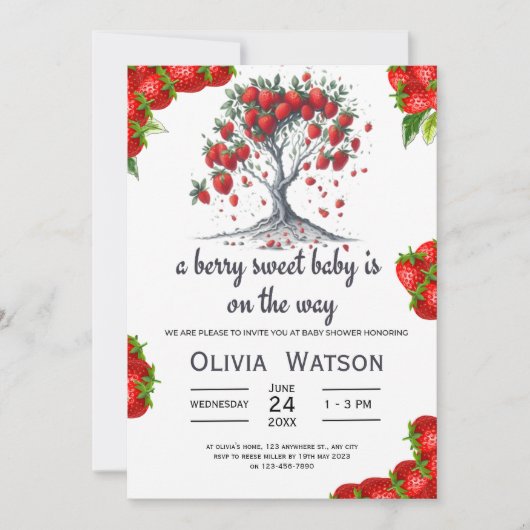 かわいいイチゴの木ベリー甘い赤ちゃんシャワー 招待状 (正面)