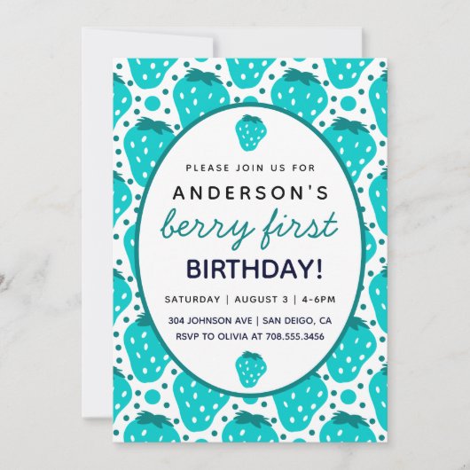 かわいいイチゴの男の子 ベリー ファースト バースデー パーティー 招待状 (正面)