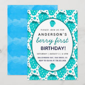 かわいいイチゴの男の子 ベリー ファースト バースデー パーティー 招待状 (正面/裏面)