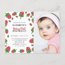 かわいいイチゴの1歳誕生日写真招待状