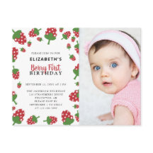 かわいいイチゴの1歳誕生日写真招待状