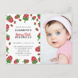 かわいいイチゴの1歳誕生日写真招待状 ポストカード
