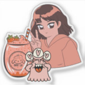 かわいいイチゴスムージーとピースサイン アニメ少女 シール (正面)