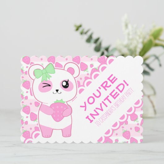 かわいいイチゴピンクかわいいパンダベア 招待状 (スタンド正面)