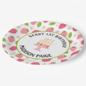 かわいいイチゴピンクの女の子の1歳の誕生日 ペーパープレート (アングル)