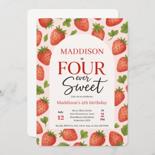 かわいいイチゴ四回の甘い4歳の誕生日 招待状 (正面/裏面)