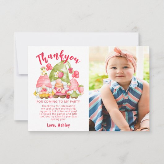 かわいいイチゴ誕生日写真 サンキューカード (正面)