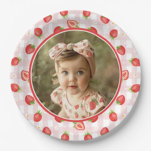 かわいいイチゴ1st誕生日ベリーの最初の写真 ペーパープレート (正面)