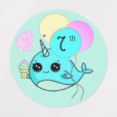 かわいいイッカクイルカの誕生日パーティー 名前と年齢入り ラベル (デザイン1)
