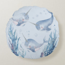 かわいいイッカクイルカの魚のパターン 水彩画の海の中 ラウンドクッション