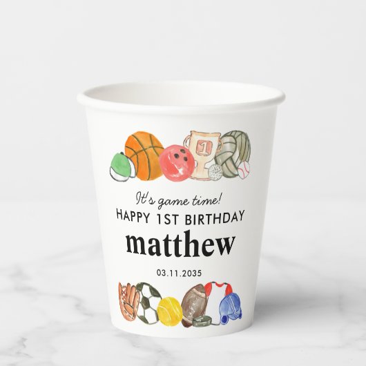 かわいいイッツゲームタイムスポーツボール子供の誕生日 紙コップ (正面)