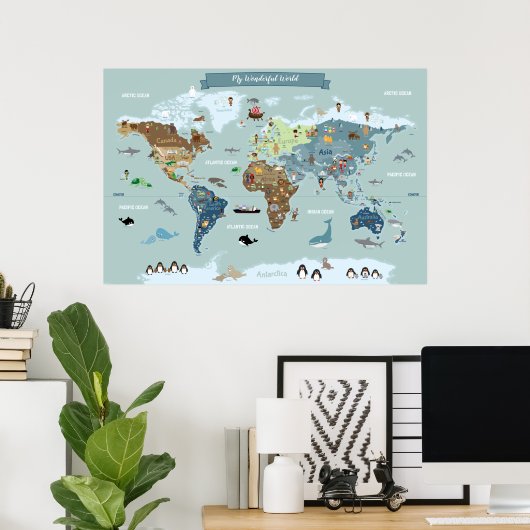 かわいいイラストの世界地図 子ども用 ポスター (ホームオフィス)