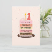 かわいいイラストケーキの1歳の誕生日パーティー 招待状 (スタンド正面)