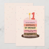 かわいいイラストケーキの1歳の誕生日パーティー 招待状 (正面/裏面)